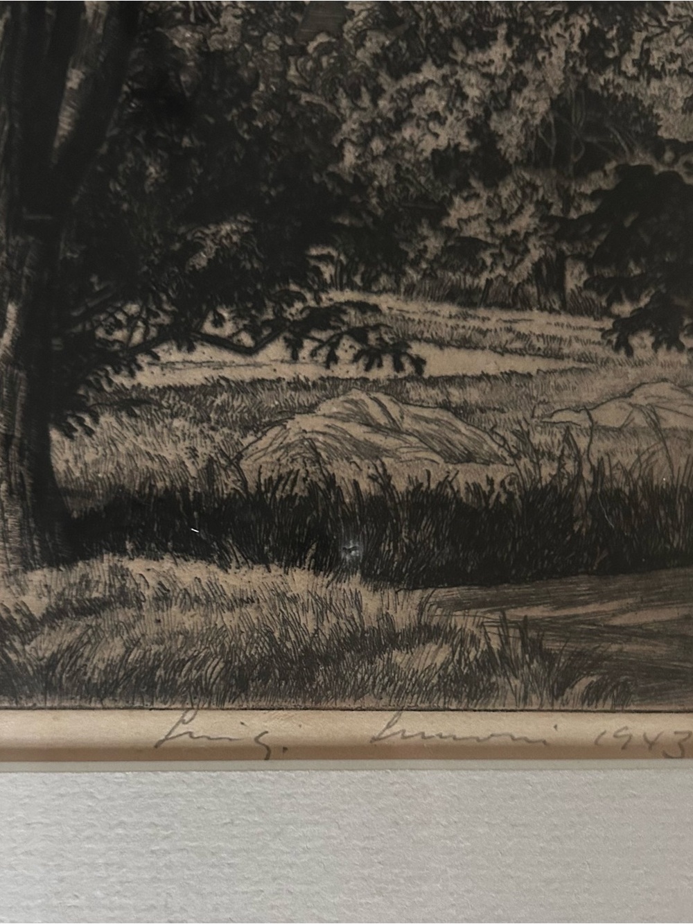 Pencil signed original 1943 etching. Framed.